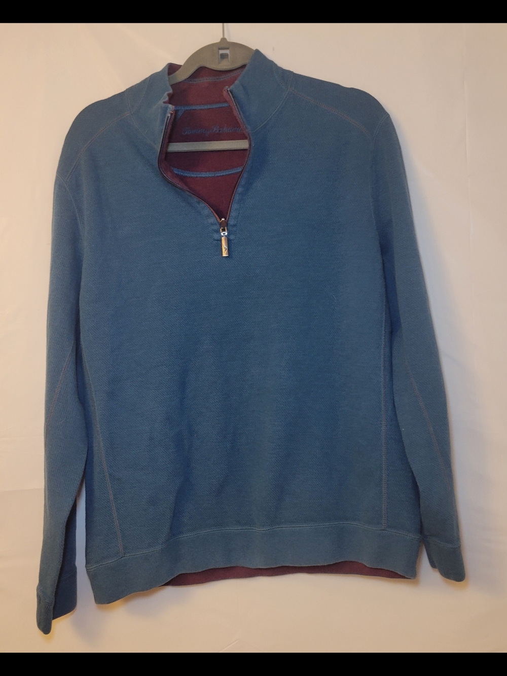 Tommy Bahama Teal Blue Quarter-Zip Pullover with Burgundy Interior